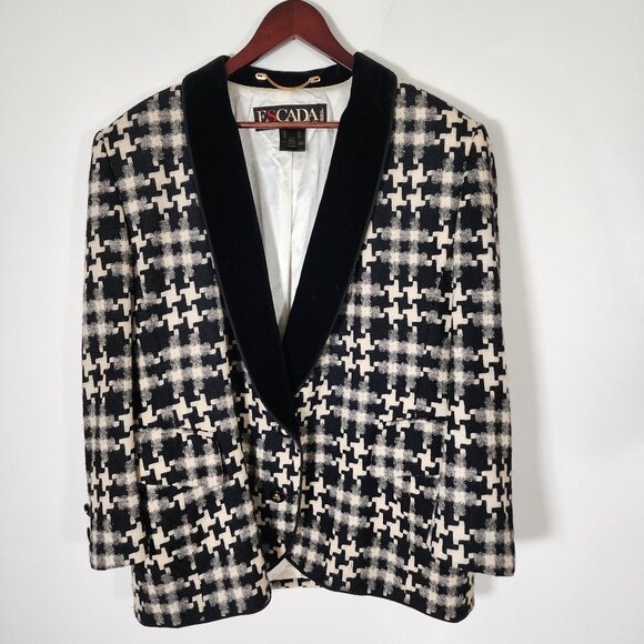 Escada Jackets & Blazers - Vintage Escada Plaid Houndstooth Blazer Velvet Collar Classic Wool Sz 42